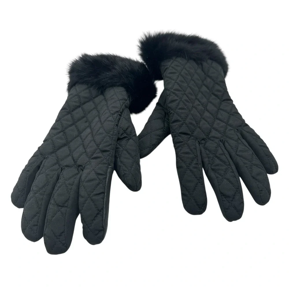 Preston & York Black Quilted‎ Gloves Fur Trim Cuffs Sz M Fleece Lined Insulated